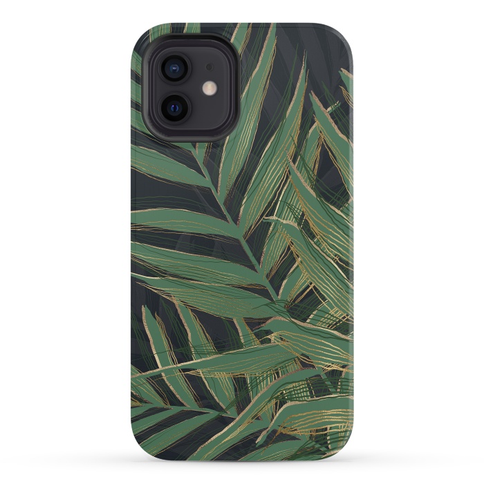 iPhone 12 mini StrongFit Trendy Green Palm Leaves Gold Strokes Gray Design by InovArts