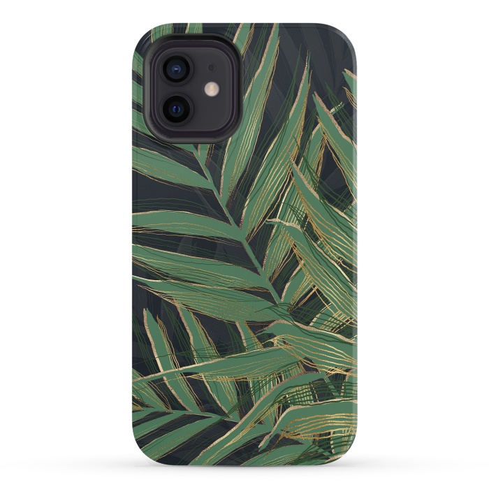 iPhone 12 StrongFit Trendy Green Palm Leaves Gold Strokes Gray Design by InovArts