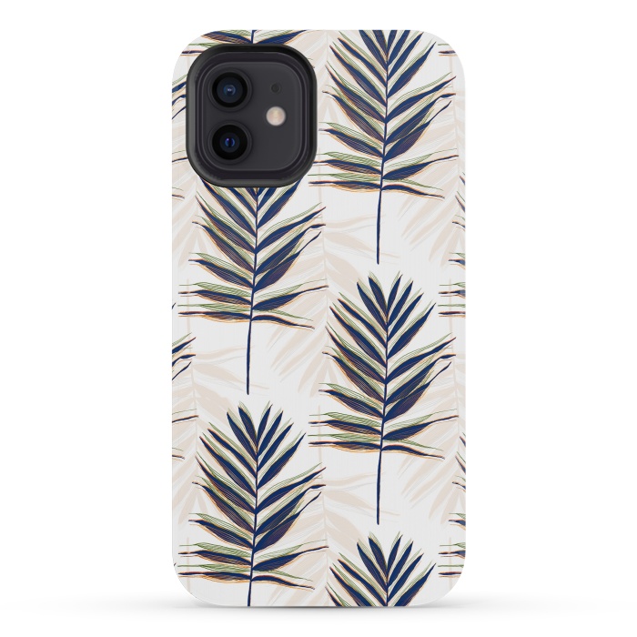 iPhone 12 mini StrongFit Modern Blue Palm Leaves Gold Strokes White Design by InovArts