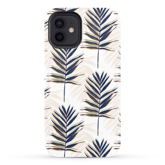 iPhone 12 StrongFit Modern Blue Palm Leaves Gold Strokes White Design by InovArts
