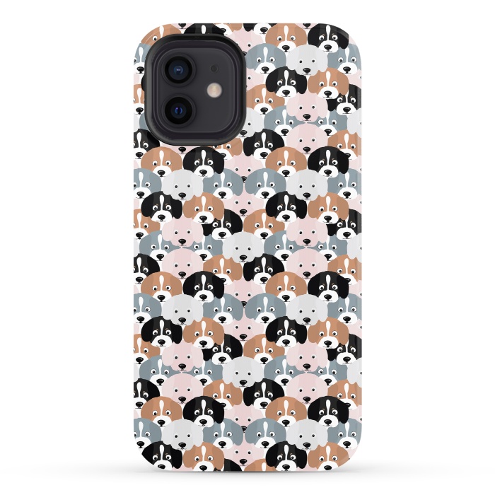 iPhone 12 StrongFit Cute Black Brown Pink Grey Puppy Dogs Illustration by InovArts