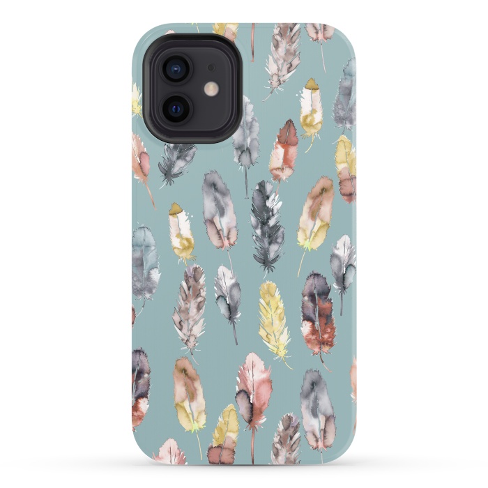 iPhone 12 StrongFit Boho Feathers Watercolor Yellow by Ninola Design