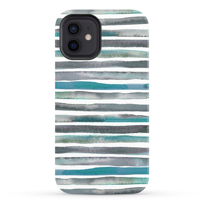 iPhone 12 StrongFit Watercolor Stripes and Lines Blue Aqua by Ninola Design