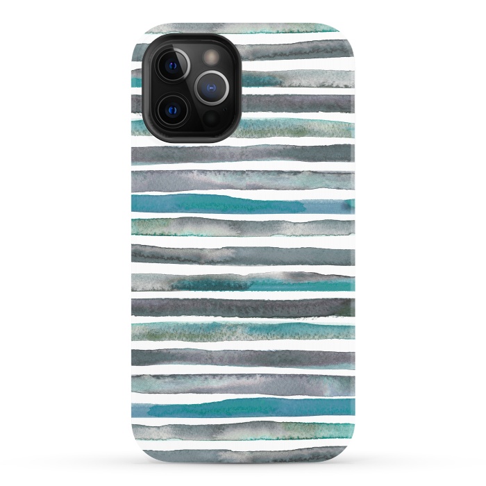 iPhone 12 Pro StrongFit Watercolor Stripes and Lines Blue Aqua by Ninola Design
