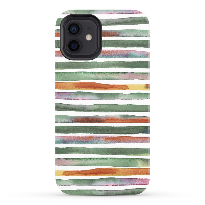 iPhone 12 StrongFit Watercolor Stripes and Lines Green Orange by Ninola Design