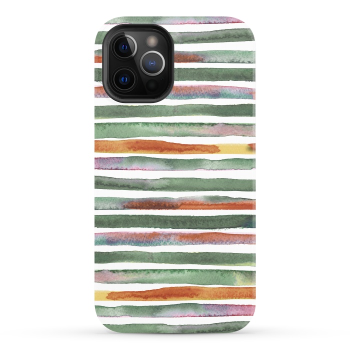 iPhone 12 Pro StrongFit Watercolor Stripes and Lines Green Orange by Ninola Design