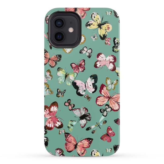 iPhone 12 mini StrongFit Flying Butterflies Watercolor Teal by Ninola Design