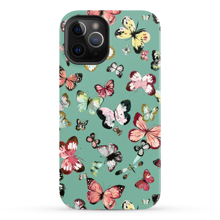 iPhone 12 Pro StrongFit Flying Butterflies Watercolor Teal by Ninola Design