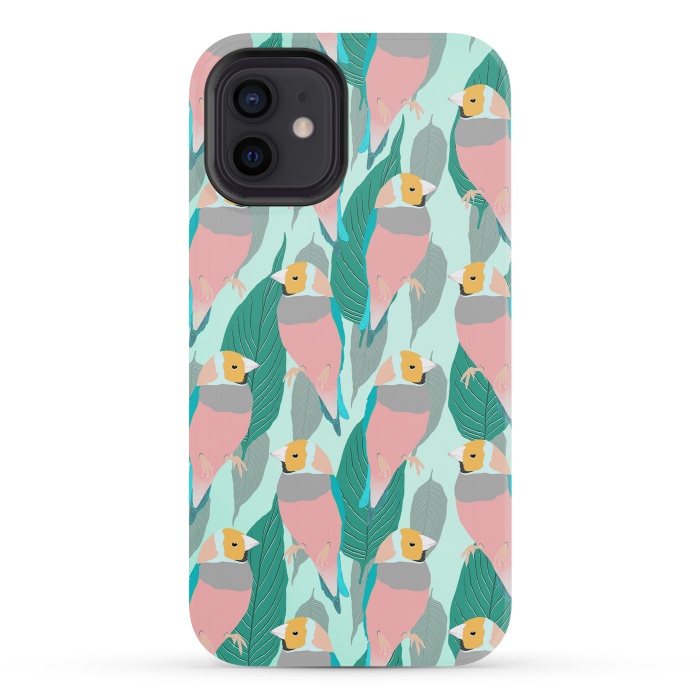 iPhone 12 mini StrongFit Trendy Pink Rainbow Finch Bird & Green Foliage Design by InovArts
