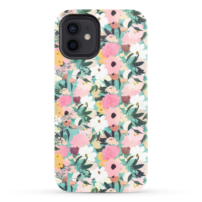 iPhone 12 StrongFit Pretty Watercolor Pink & White Floral Green Design by InovArts