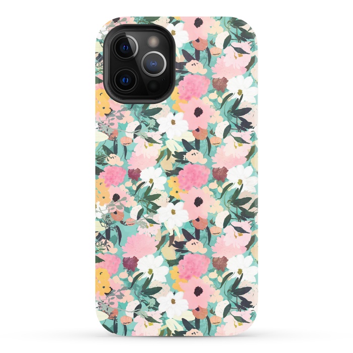 iPhone 12 Pro StrongFit Pretty Watercolor Pink & White Floral Green Design by InovArts