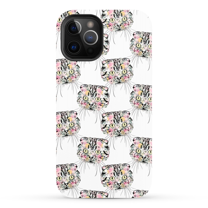 iPhone 12 Pro StrongFit Cute Pink Cat & watercolor flowers Animal Pattern by InovArts