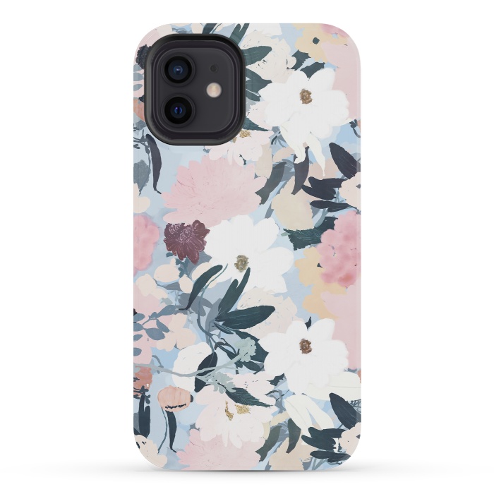 iPhone 12 mini StrongFit Pretty Grayish Blue Watercolor Pink & White Floral Design by InovArts