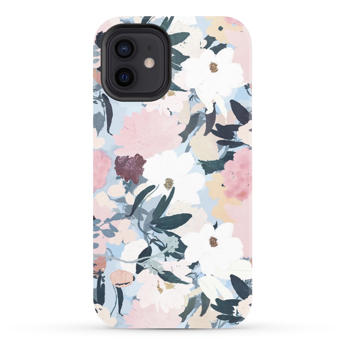 iPhone 12 StrongFit Pretty Grayish Blue Watercolor Pink & White Floral Design by InovArts