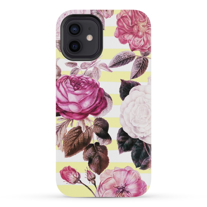 iPhone 12 mini StrongFit Vintage romantic roses and bright yellow stripes by Oana 