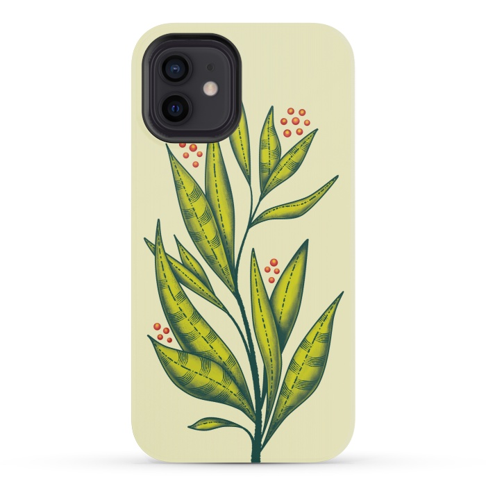 iPhone 12 mini StrongFit Abstract green plant with decorative leaves and berries by Boriana Giormova