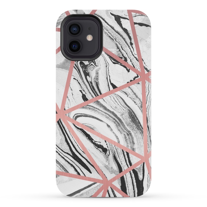 iPhone 12 mini StrongFit White marble with black stripes and rose gold triangles by Oana 