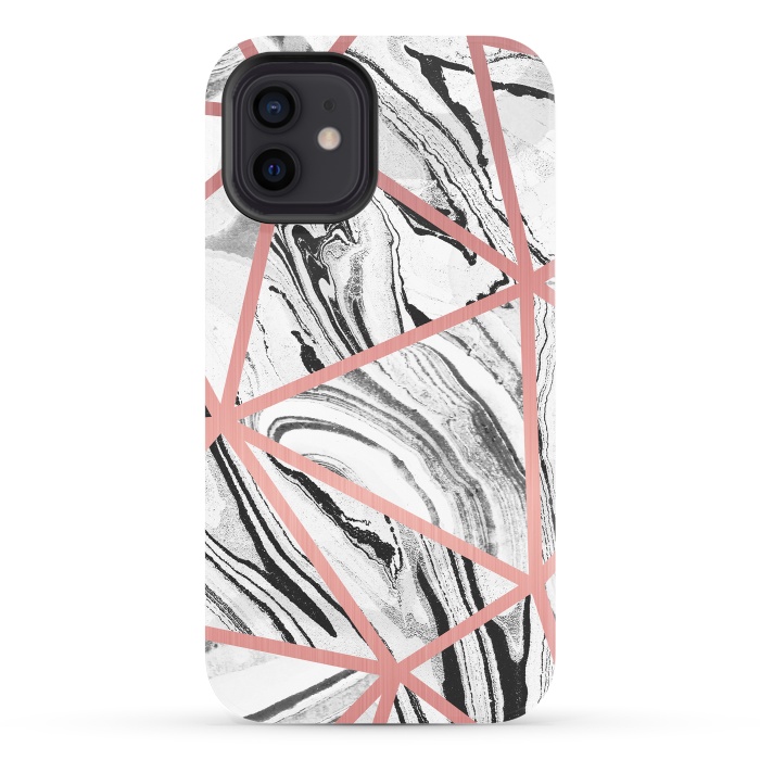iPhone 12 StrongFit White marble with black stripes and rose gold triangles by Oana 