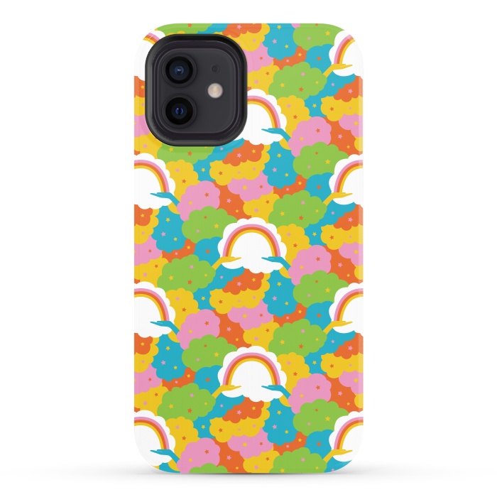 iPhone 12 StrongFit Rainbows, clouds, hands, We're in This Together repeat pattern in pastels by Portia Monberg