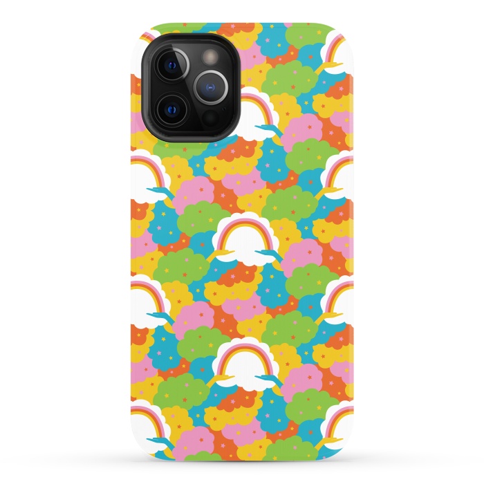 iPhone 12 Pro StrongFit Rainbows, clouds, hands, We're in This Together repeat pattern in pastels by Portia Monberg