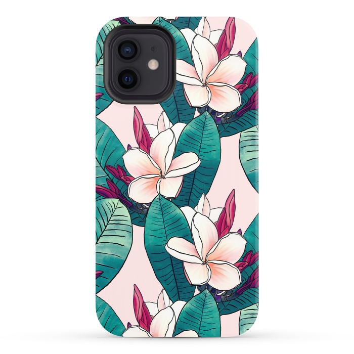iPhone 12 StrongFit Trendy Tropical Plumeria Flowers Green Foliage Design by InovArts