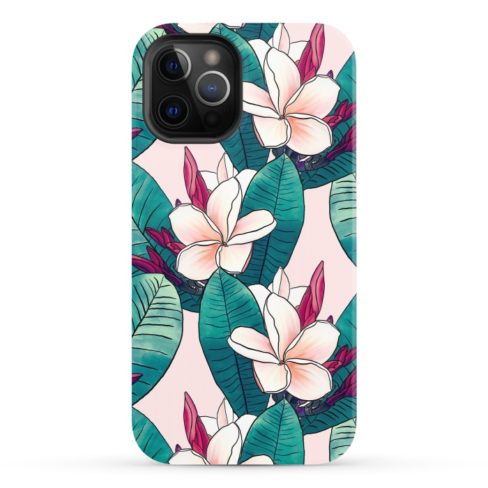 iPhone 12 Pro StrongFit Trendy Tropical Plumeria Flowers Green Foliage Design by InovArts