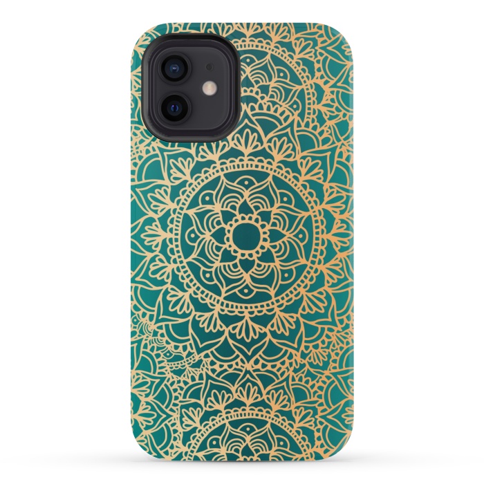 iPhone 12 mini StrongFit Teal Green and Yellow Mandala Pattern by Julie Erin Designs