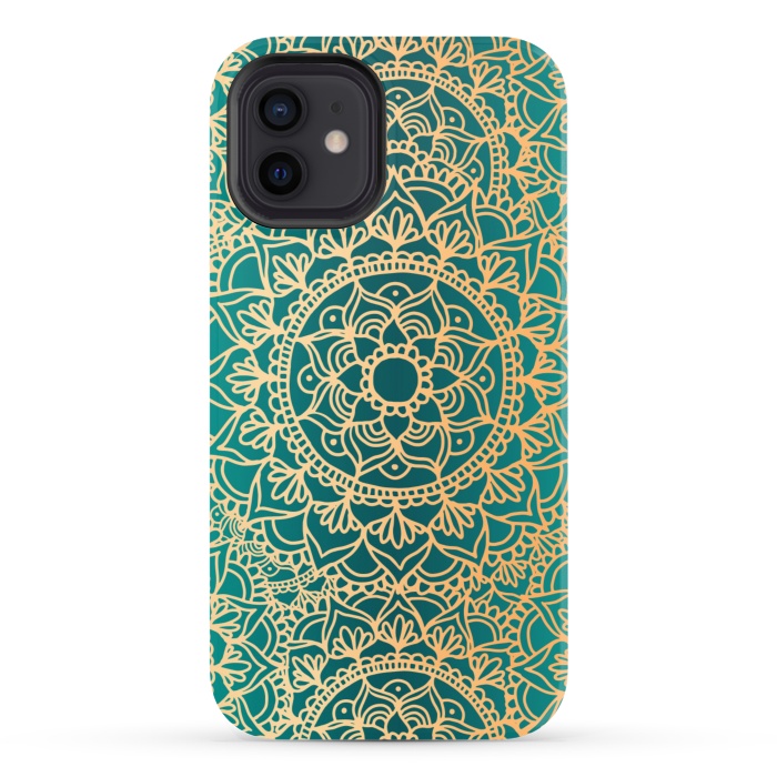 iPhone 12 StrongFit Teal Green and Yellow Mandala Pattern by Julie Erin Designs