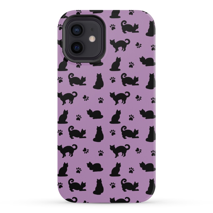 iPhone 12 mini StrongFit Black and Purple Cats and Paw Prints Pattern by Julie Erin Designs