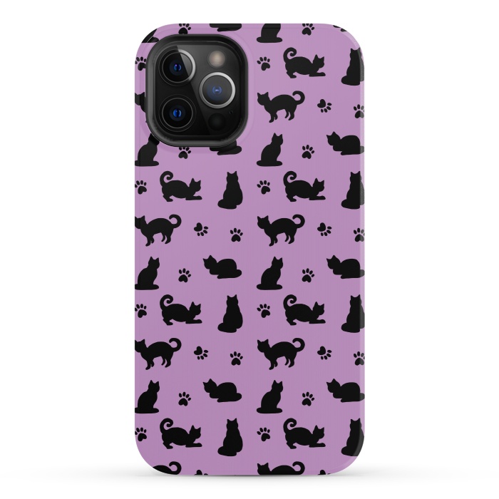 iPhone 12 Pro StrongFit Black and Purple Cats and Paw Prints Pattern by Julie Erin Designs