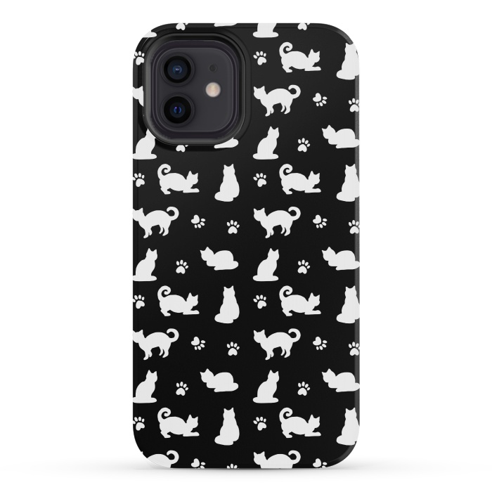 iPhone 12 mini StrongFit Black and White Cats and Paw Prints Pattern by Julie Erin Designs