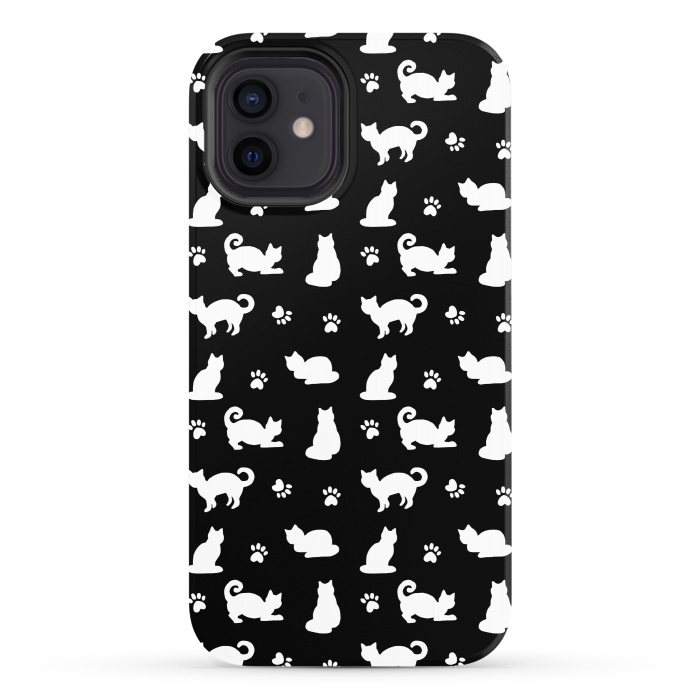 iPhone 12 StrongFit Black and White Cats and Paw Prints Pattern by Julie Erin Designs