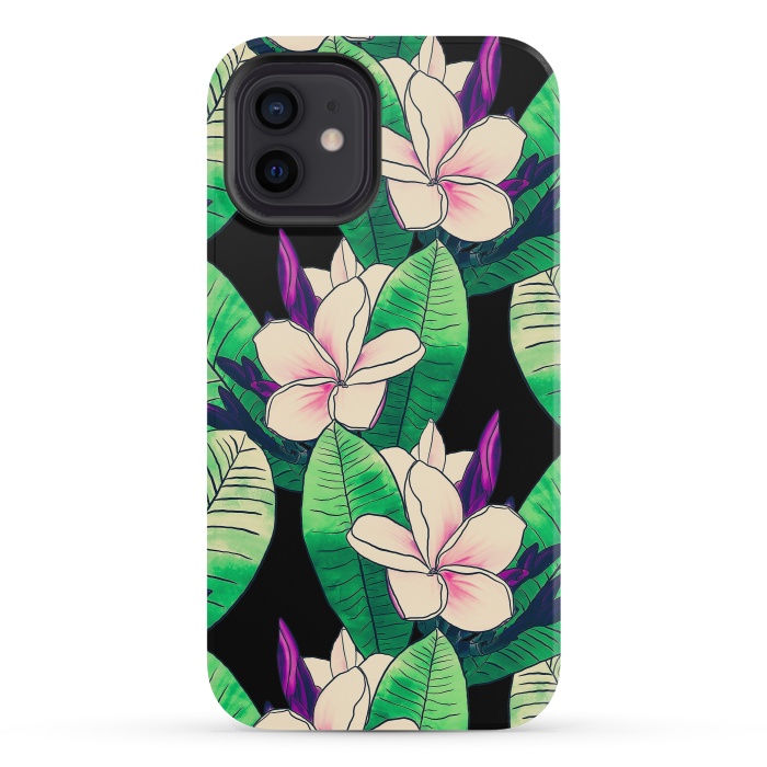 iPhone 12 mini StrongFit Stylish Plumeria Flower Tropical Green Foliage Design by InovArts