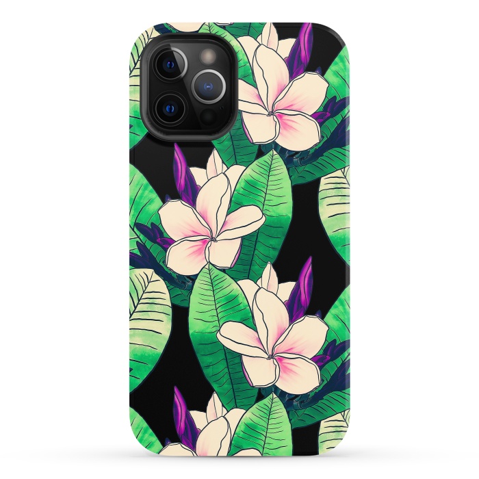 iPhone 12 Pro StrongFit Stylish Plumeria Flower Tropical Green Foliage Design by InovArts