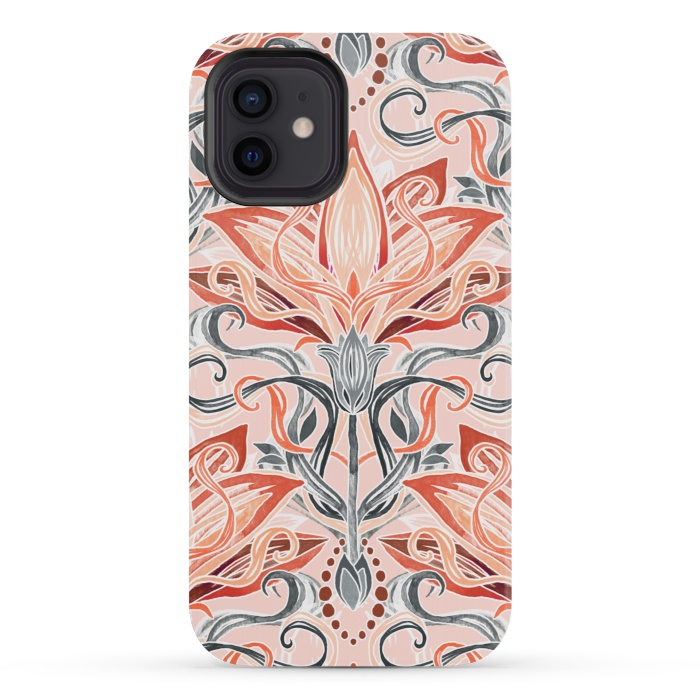 iPhone 12 mini StrongFit Coral and Grey Watercolor Art Nouveau Aloe by Micklyn Le Feuvre