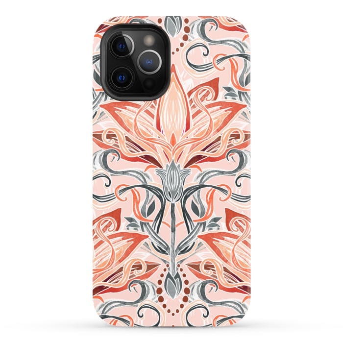iPhone 12 Pro StrongFit Coral and Grey Watercolor Art Nouveau Aloe by Micklyn Le Feuvre