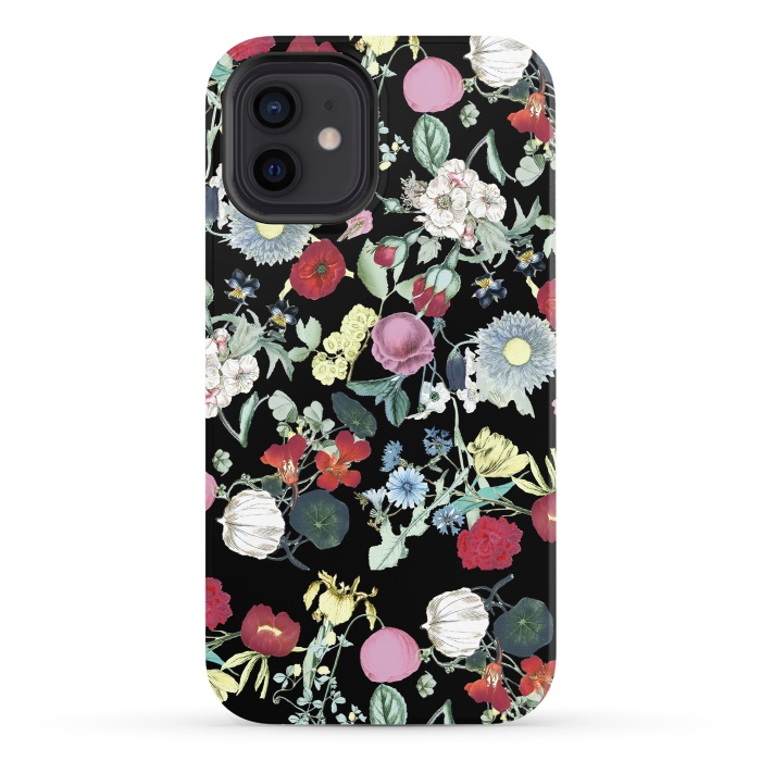 iPhone 12 StrongFit Elegant botanical flowers on black background by Oana 