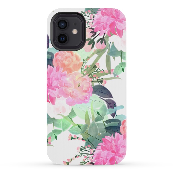 iPhone 12 mini StrongFit Girly Pink & White Flowers Watercolor Paint by InovArts