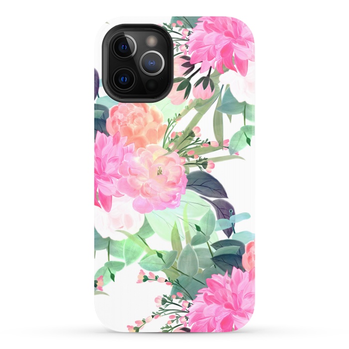 iPhone 12 Pro StrongFit Girly Pink & White Flowers Watercolor Paint by InovArts