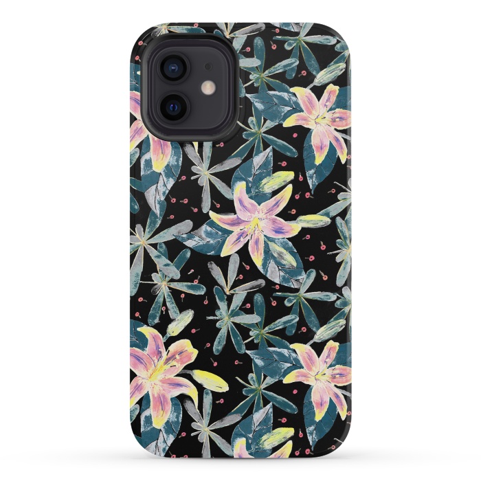 iPhone 12 mini StrongFit Painted flowers and tropical leaves - dark green by Oana 