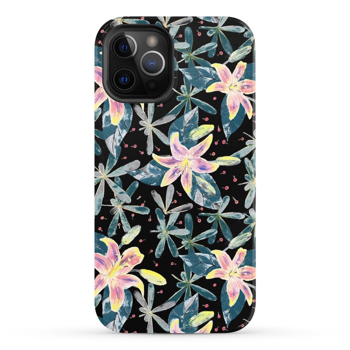 iPhone 12 Pro StrongFit Painted flowers and tropical leaves - dark green by Oana 