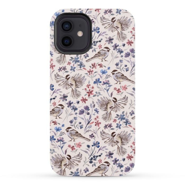 iPhone 12 mini StrongFit Chickadees and Wildflowers on Cream by Micklyn Le Feuvre