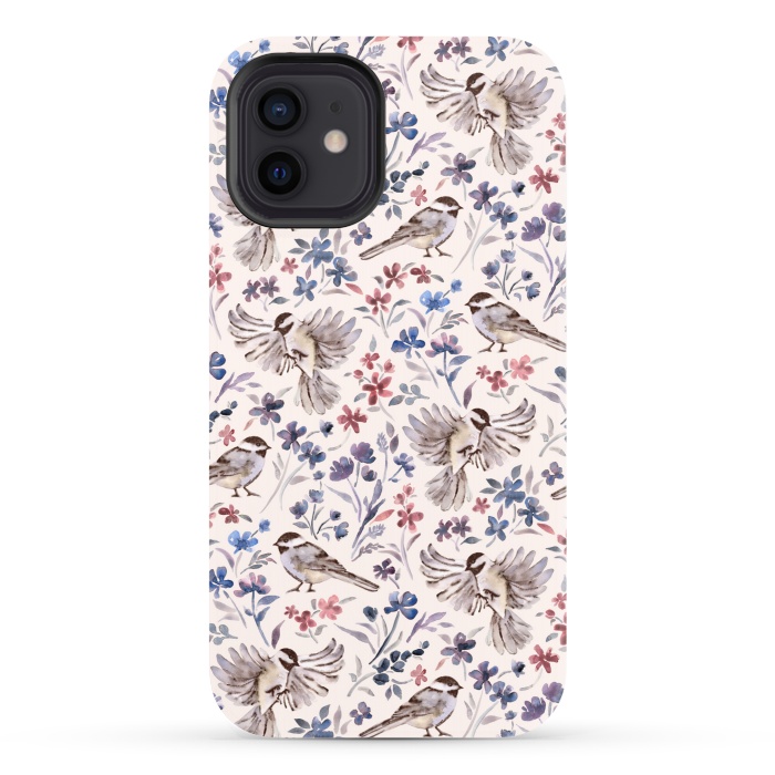 iPhone 12 StrongFit Chickadees and Wildflowers on Cream by Micklyn Le Feuvre
