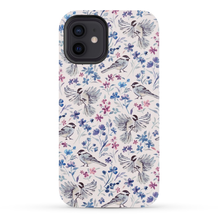 iPhone 12 mini StrongFit Chickadees and Wildflowers in lavender blues on cream by Micklyn Le Feuvre