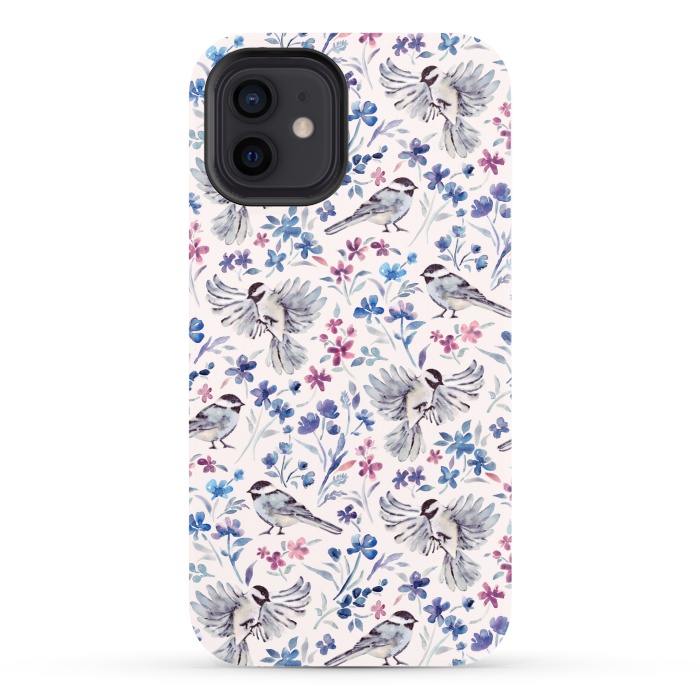 iPhone 12 StrongFit Chickadees and Wildflowers in lavender blues on cream by Micklyn Le Feuvre