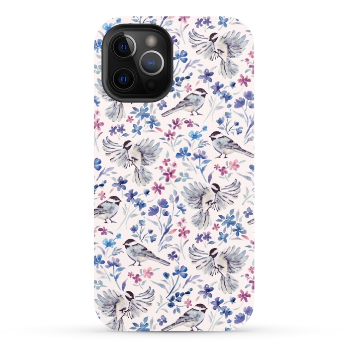 iPhone 12 Pro StrongFit Chickadees and Wildflowers in lavender blues on cream by Micklyn Le Feuvre