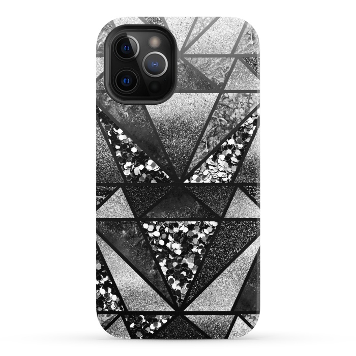 iPhone 12 Pro StrongFit Black and silver glitter sparkle triangles by Oana 