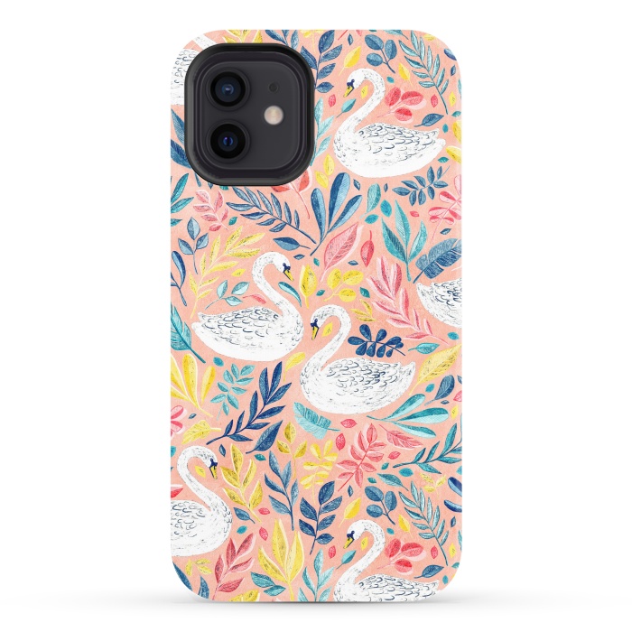iPhone 12 StrongFit Whimsical White Swans and Colorful Leaves on Pale Peach Pink by Micklyn Le Feuvre