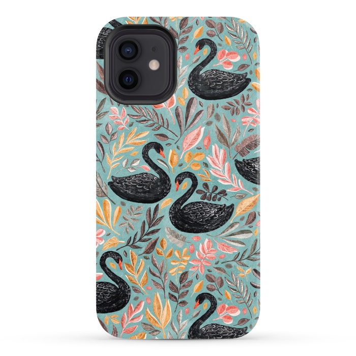 iPhone 12 StrongFit Bonny Black Swans with Autumn Leaves on Sage by Micklyn Le Feuvre