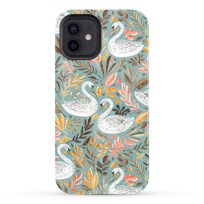 iPhone 12 StrongFit Whimsical White Swans with Autumn Leaves on Sage by Micklyn Le Feuvre
